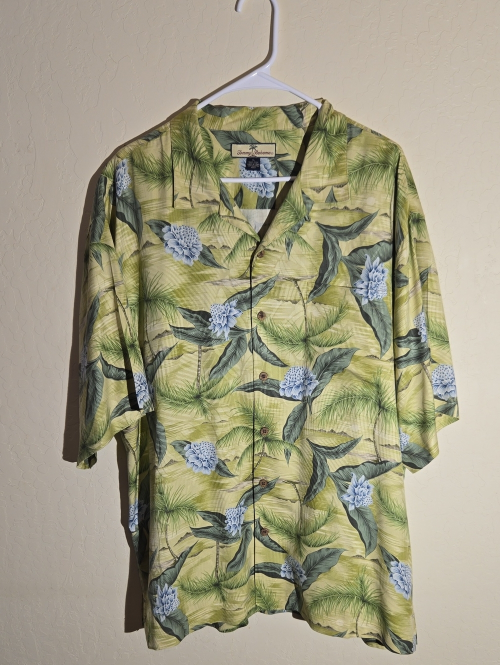 Tommy Bahama Light Green Tropical Camp Shirt with Blue Floral Accents